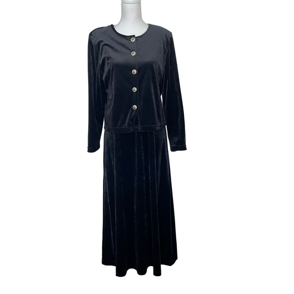 Vintage Diane Von Furstenberg Black Velour Dress & Cardigan Matching Set Size M